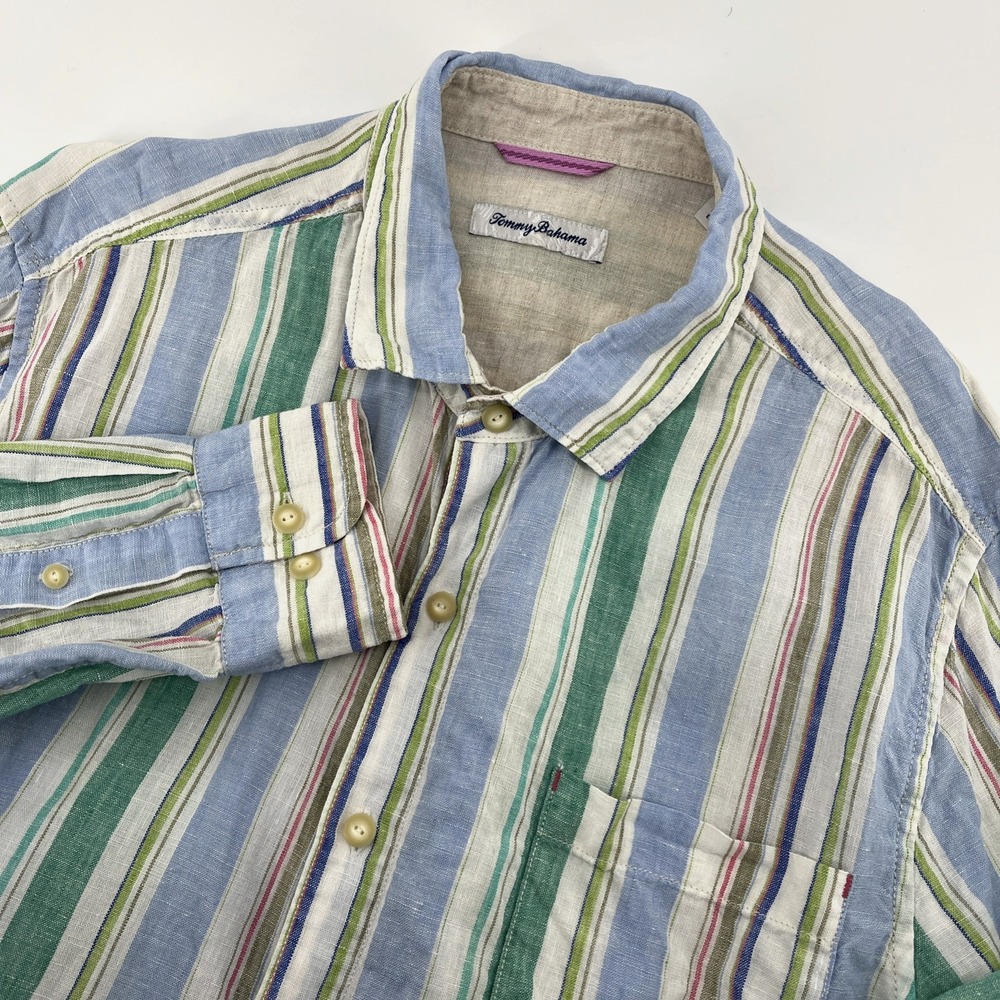Tommy Bahama Long Sleeve Linen Shirt Men's XL Blue Green Striped